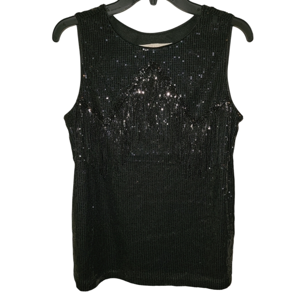 Good Days Only size small Black Sequin Sleeveless Top with fringe on front